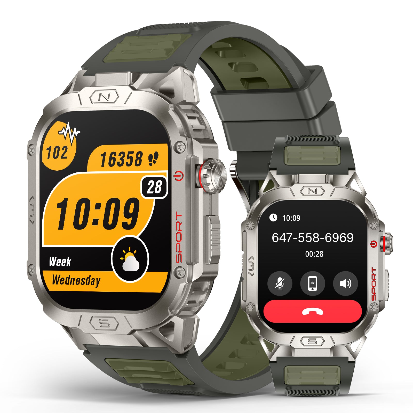 H69 Military Grade Smart Watch for Men LED Flashlight, Heart Rate Oxygen Blood Sleep Monitor, 500mAh Large Capacity Battery, Waterproof Rugged Fitness Tracker Compatible with Android and iOS Phone