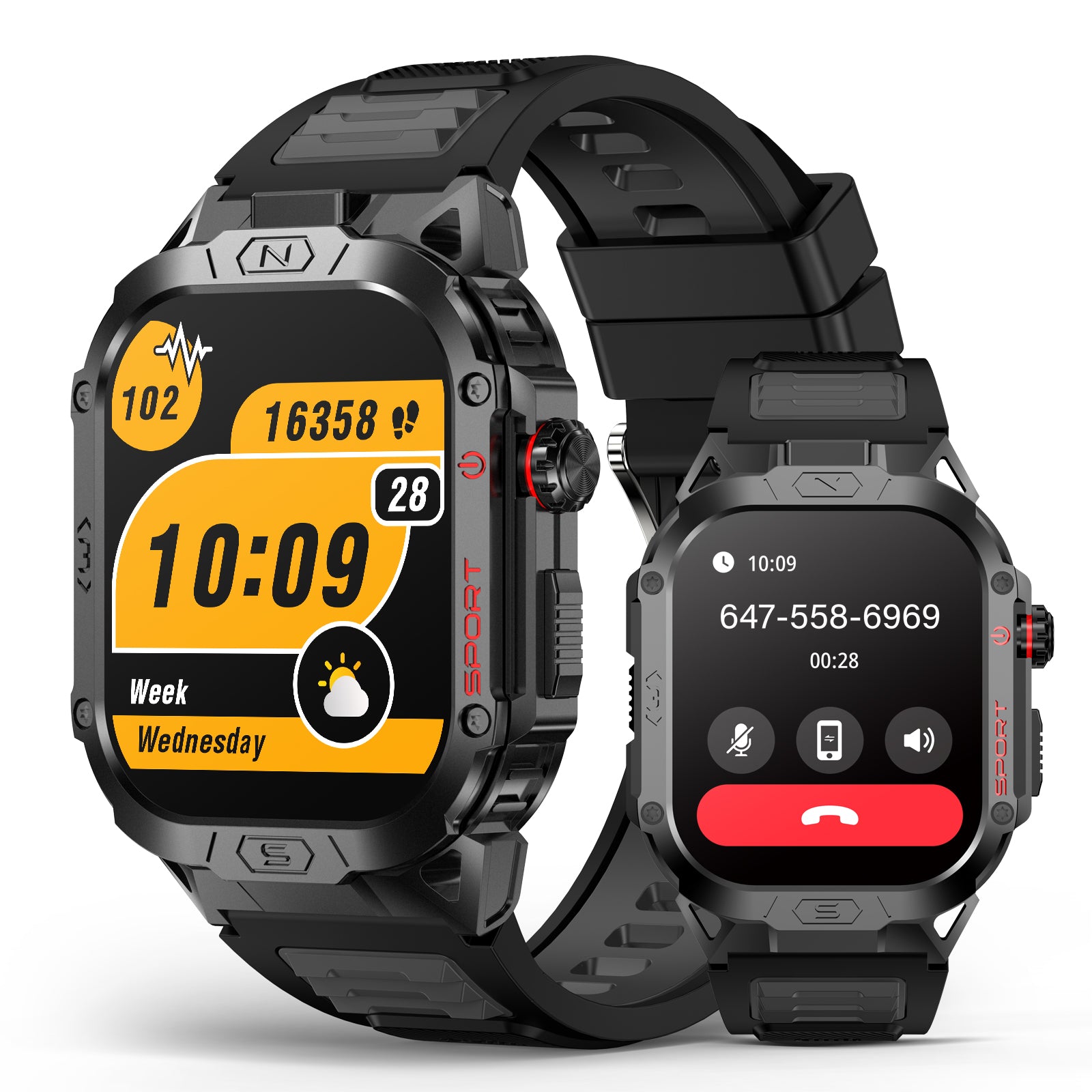 H69 Military Grade Smart Watch for Men LED Flashlight, Heart Rate Oxygen Blood Sleep Monitor, 500mAh Large Capacity Battery, Waterproof Rugged Fitness Tracker Compatible with Android and iOS Phone