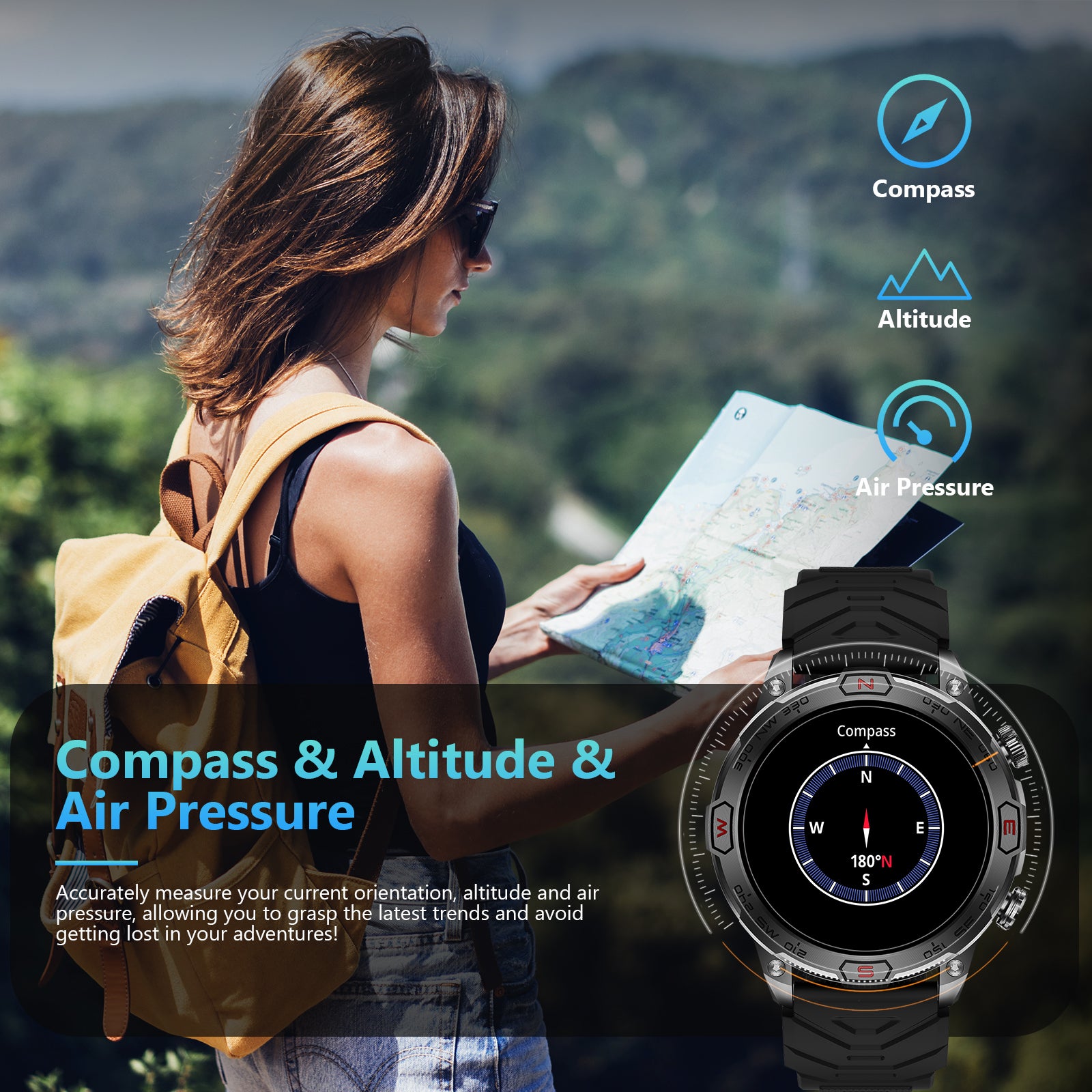 KC86 Smart Watch for Men with LED Flashlight, 1.43" AMOLED Display, Outdoor Smartwatch with Compass/Altitude/Air Pressure