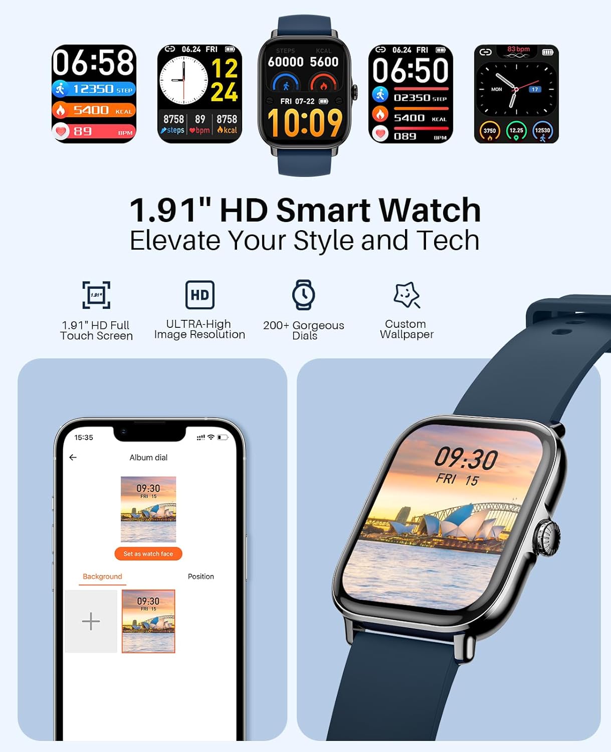 P72 Waterproof Smart Watch for Men and Women, Compatible with Android iPhone,1.9-inch Touch Screen Fitness Tracker