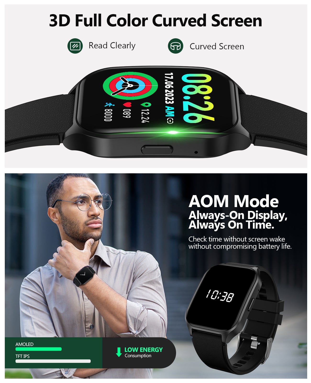 P109 2.06" Curved AMOLED Screen Smartwatch for Men Women, 100+ Sport Modes Fitness Tracker, Heart Rate Sleep SpO2 Monitor