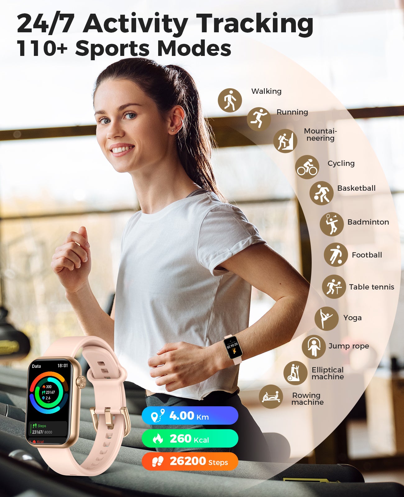 H38 Smart Watch Fitness Tracker (Answer/Make Calls), 24/7 Heart Rate Spo2 Blood Pressure Monitor Sleep Tracker, 114 Sports Modes Calorie Step Tracker Pedometer, Waterproof Activity Tracker for Women