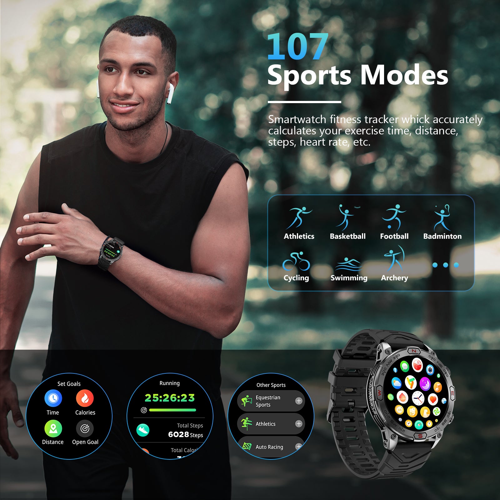 KC86 Smart Watch for Men with LED Flashlight, 1.43" AMOLED Display, Outdoor Smartwatch with Compass/Altitude/Air Pressure