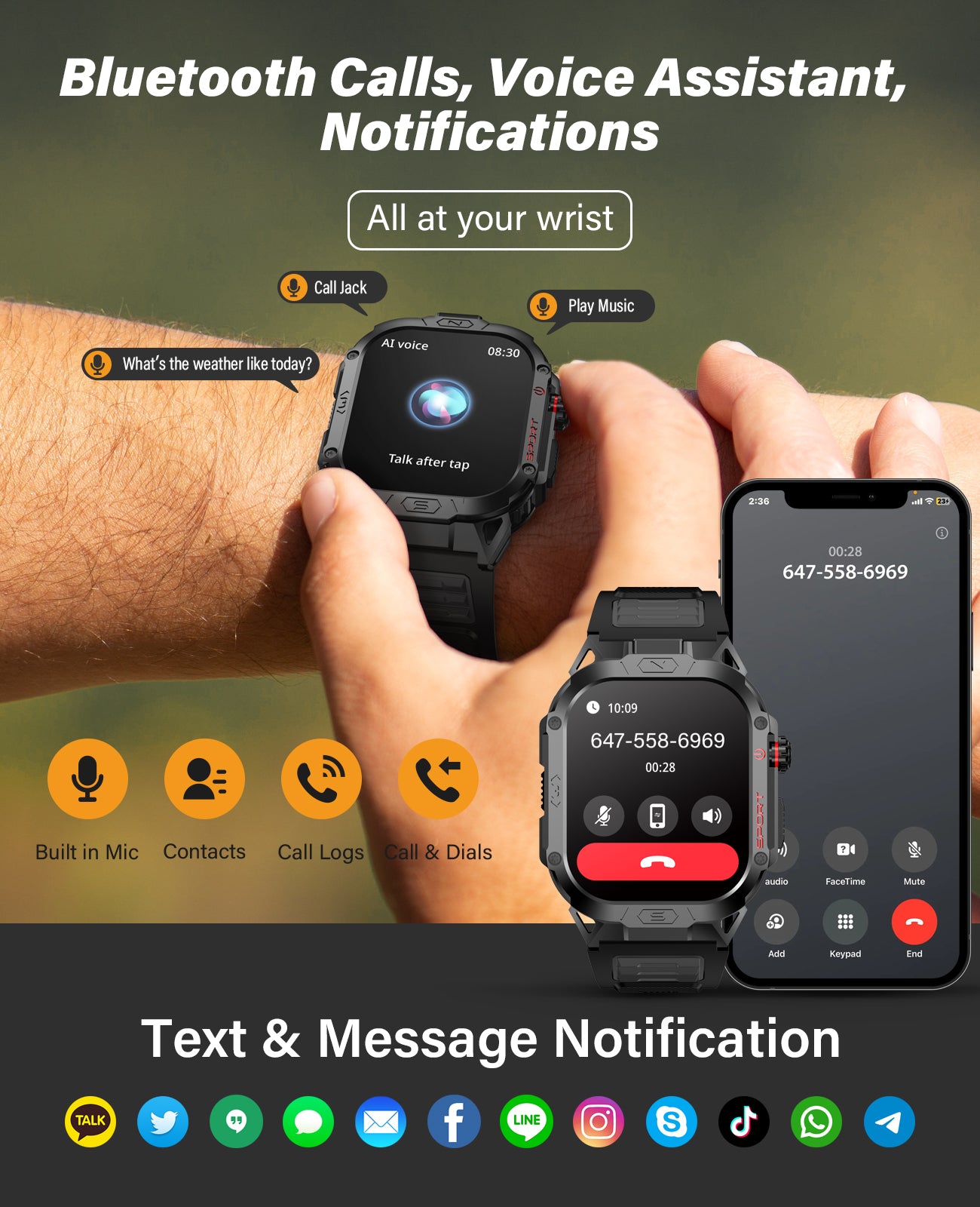 H69 Military Grade Smart Watch for Men LED Flashlight, Heart Rate Oxygen Blood Sleep Monitor, 500mAh Large Capacity Battery, Waterproof Rugged Fitness Tracker Compatible with Android and iOS Phone