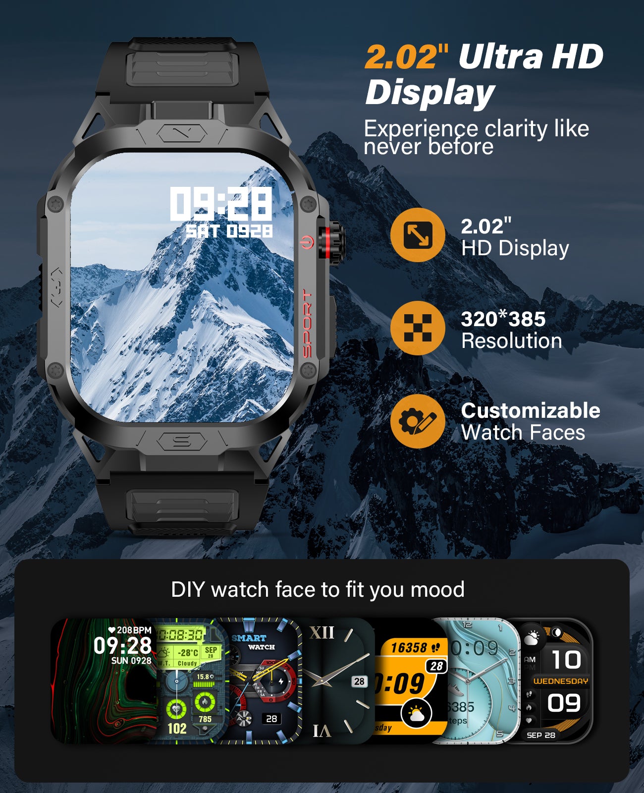 H69 Military Grade Smart Watch for Men LED Flashlight, Heart Rate Oxygen Blood Sleep Monitor, 500mAh Large Capacity Battery, Waterproof Rugged Fitness Tracker Compatible with Android and iOS Phone
