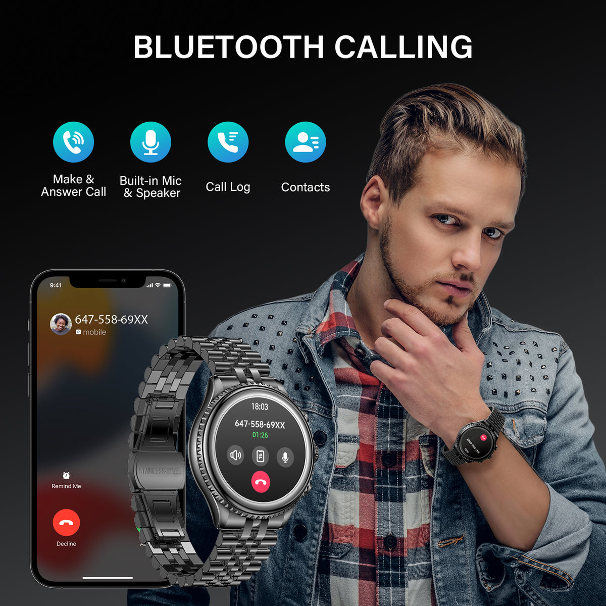 2026 Luxury Smart Watch for Men, Rotating Dial (Axe-Cut Bezel) Smartwatch, 1.32" AMOLED Display, Heart Rate, Blood Pressure, SpO2, Sleep Monitor, Stainless Steel Build, Compatible Android and iOS