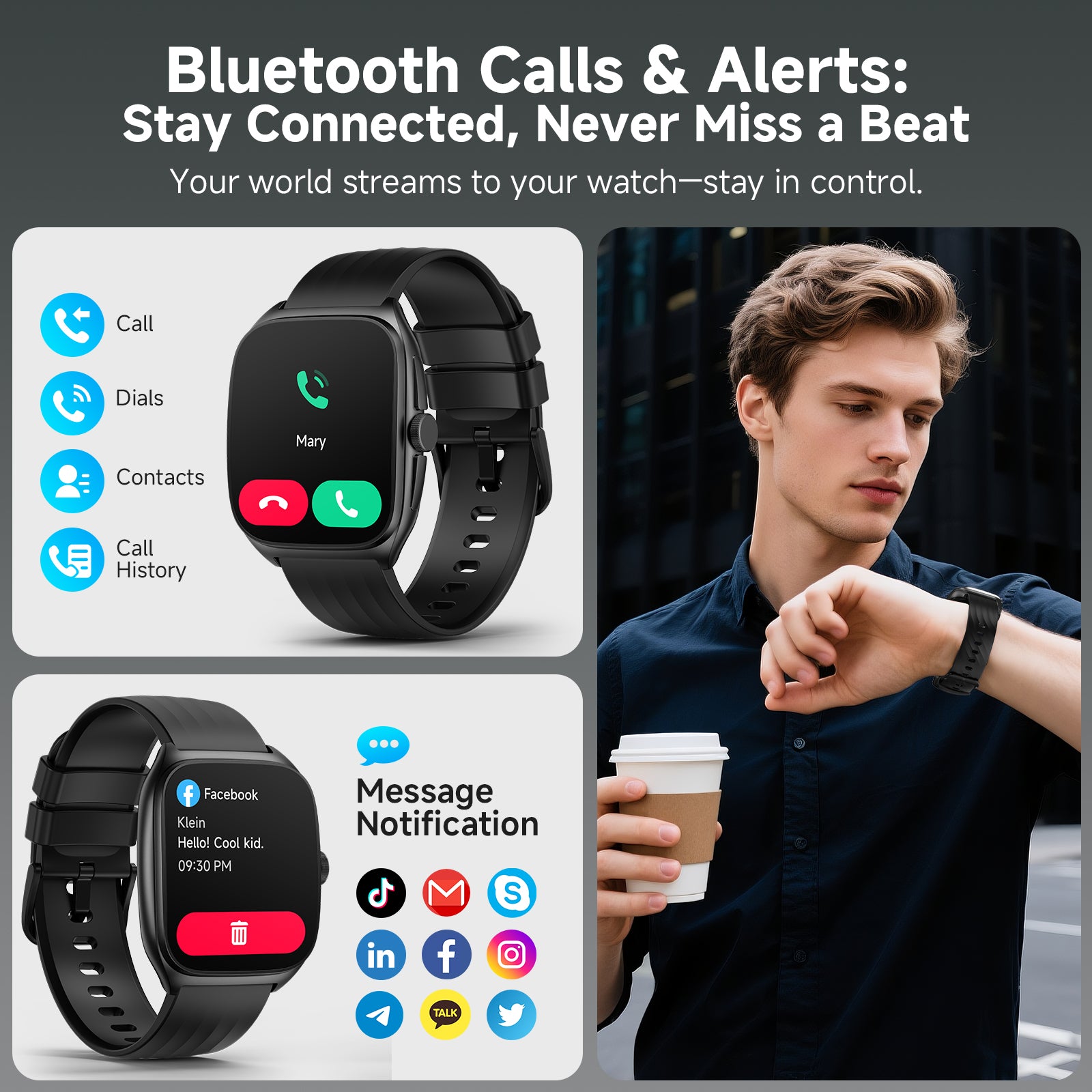 GTX19 Smart Watch with SOS, 1.85" AMOLED Display Fitness Tracker, Heart Rate Blood Oxygen Sleep Monitor for Men Women, IP68 Waterproof Sport Watch, Answer/Make Calls, Compatible with Android iPhone