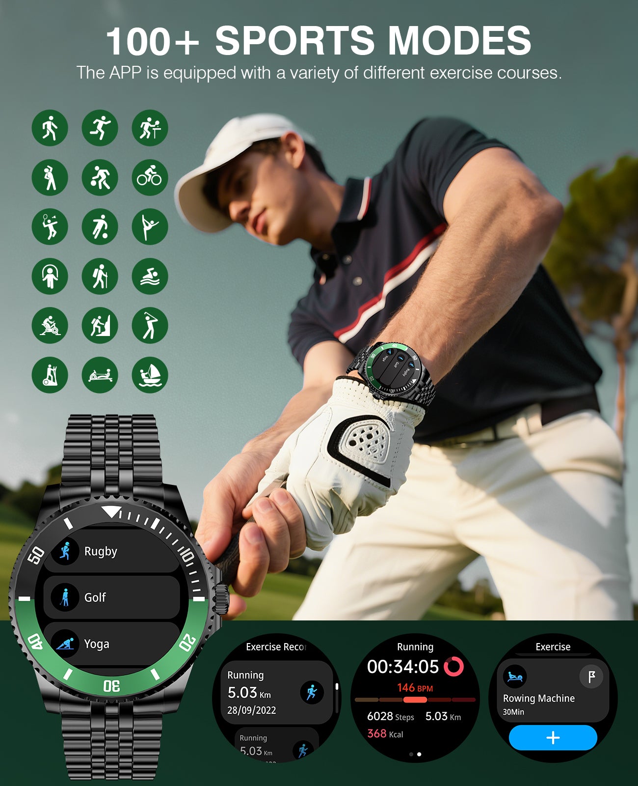 H66 2025 DA GPT Smart Watch for Men, Heart Rate, Blood Pressure, Blood Oxygen, Sleep Monitor, 107 Sports Modes, 1.19-inch AMOLED Display, Waterproof Round Watch, Compatible Android and iOS