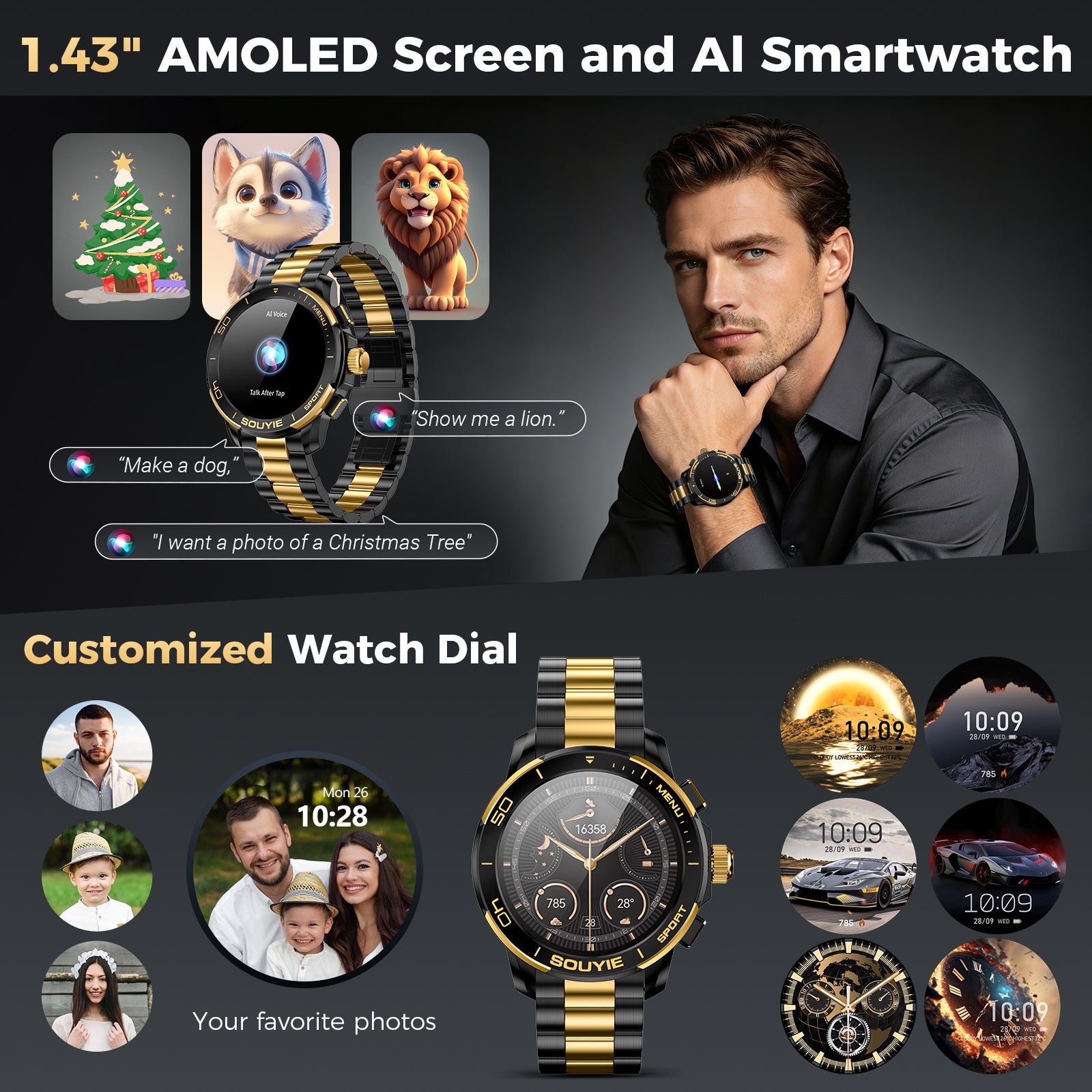 SOUYIE SW-7 Lux Smart Watch for Men, High-Gloss Ceramic Bezel & Two-Tone Steel, 1.43" AMOLED Display, AI GPT Voice Assistant, Bluetooth Calls, Health Monitor, 100+ Sports Modes, Compatible iOS Android