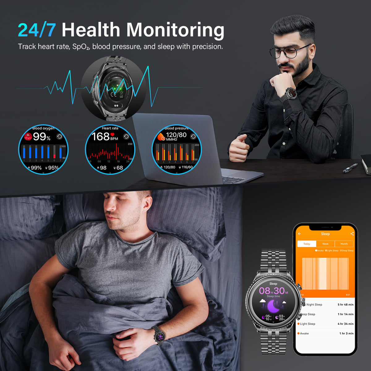 2026 Luxury Smart Watch for Men, Rotating Dial (Axe-Cut Bezel) Smartwatch, 1.32" AMOLED Display, Heart Rate, Blood Pressure, SpO2, Sleep Monitor, Stainless Steel Build, Compatible Android and iOS
