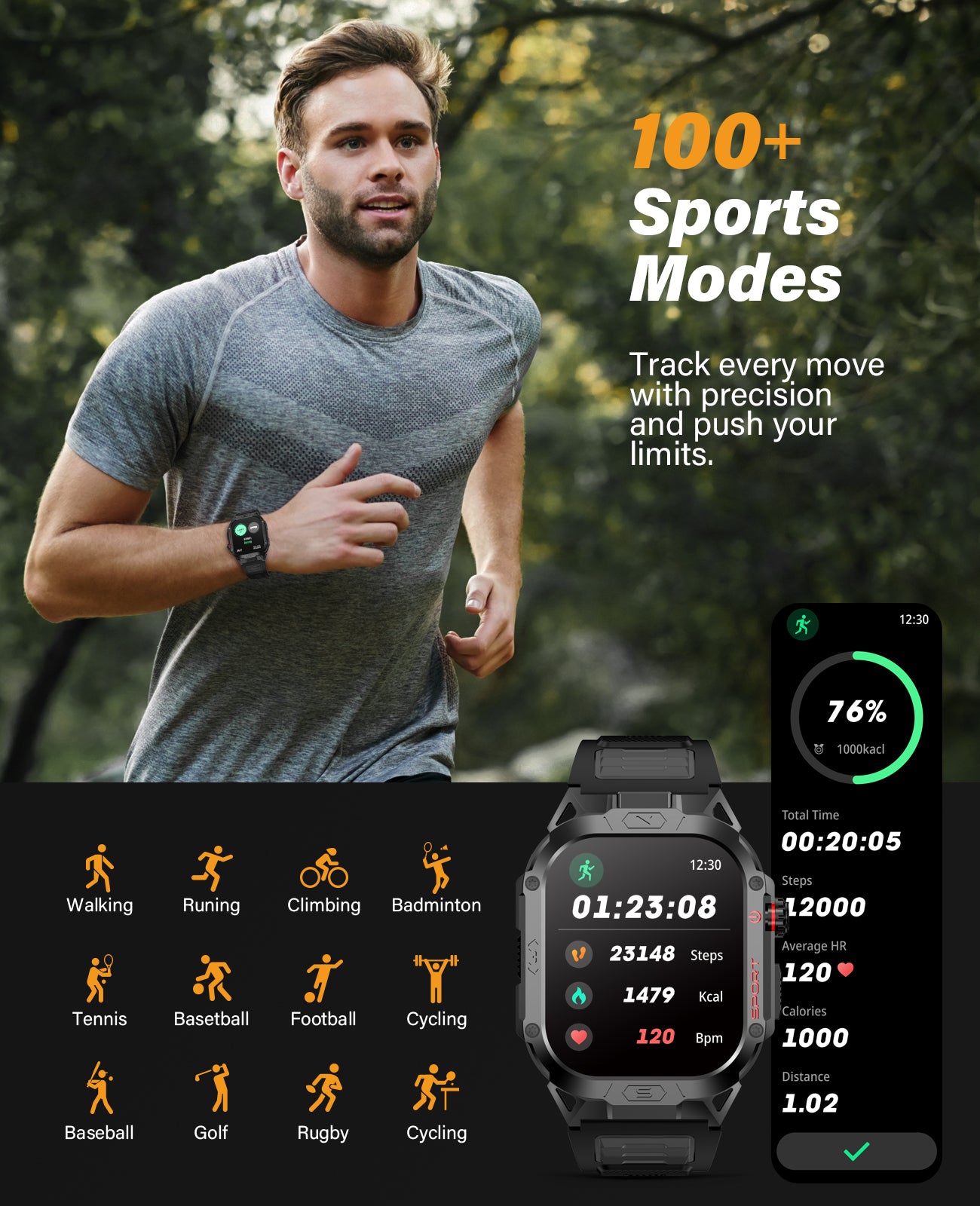 H69 Military Grade Smart Watch for Men LED Flashlight, Heart Rate Oxygen Blood Sleep Monitor, 500mAh Large Capacity Battery, Waterproof Rugged Fitness Tracker Compatible with Android and iOS Phone