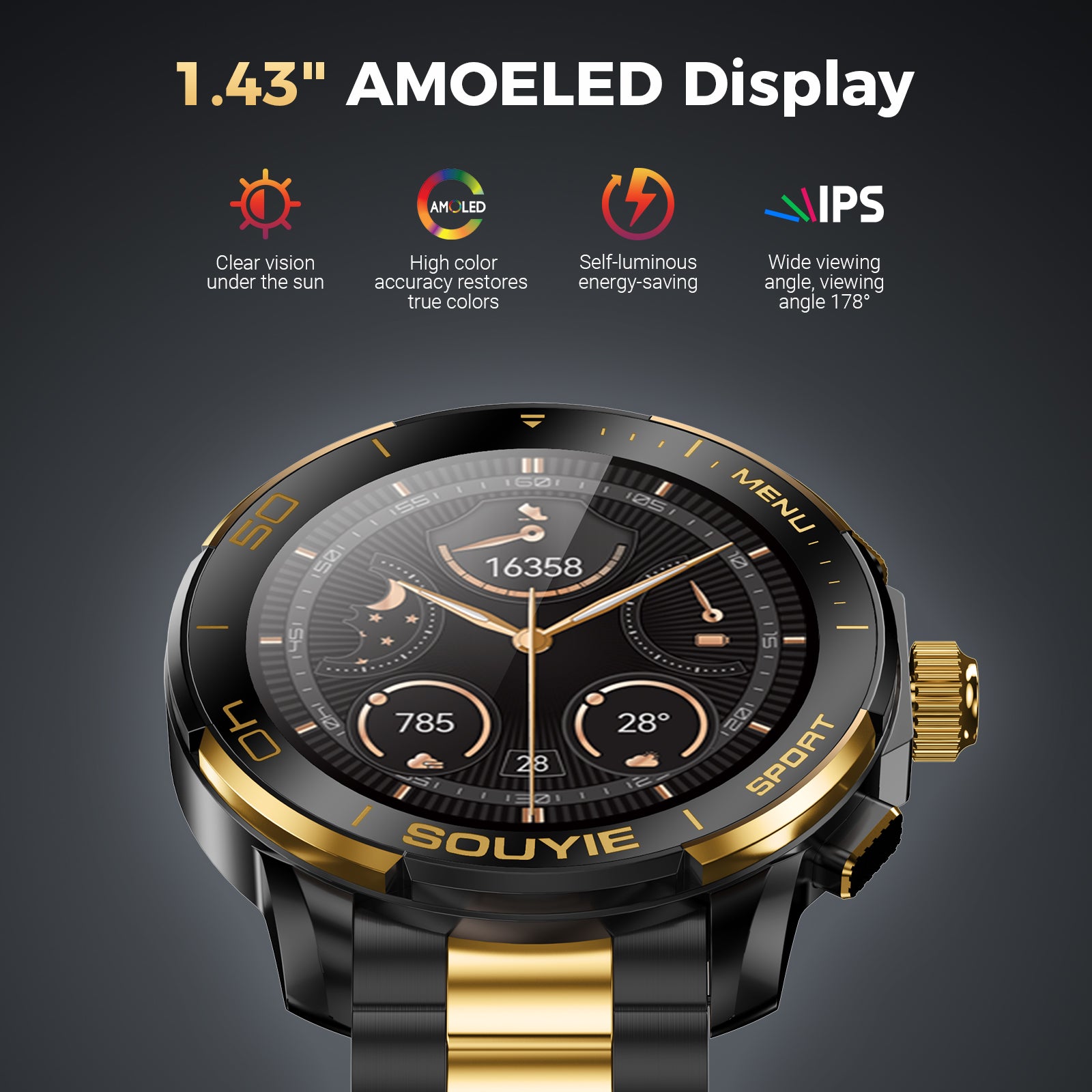 SOUYIE SW-7 Lux Smart Watch for Men, High-Gloss Ceramic Bezel & Two-Tone Steel, 1.43" AMOLED Display, AI GPT Voice Assistant, Bluetooth Calls, Health Monitor, 100+ Sports Modes, Compatible iOS Android