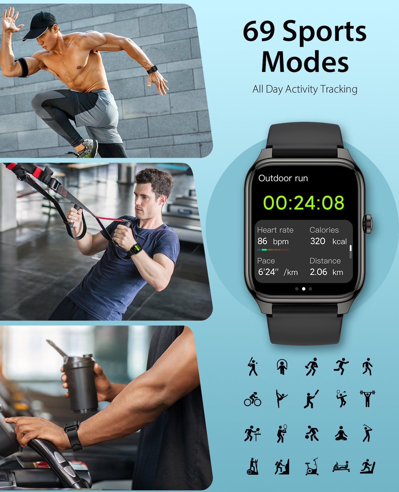 1.78" AMOLED 368*448 HD Waterproof Screen Smart Watch, 69 Sports Modes Fitness Tracker with Heart Rate, Blood Pressure