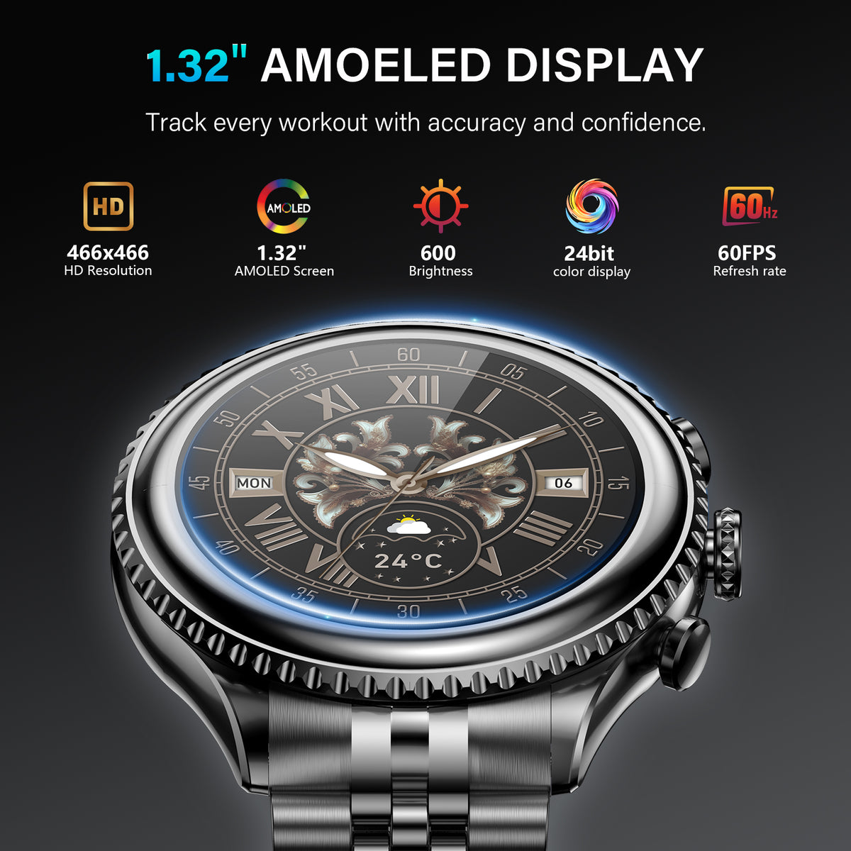 2026 Luxury Smart Watch for Men, Rotating Dial (Axe-Cut Bezel) Smartwatch, 1.32" AMOLED Display, Heart Rate, Blood Pressure, SpO2, Sleep Monitor, Stainless Steel Build, Compatible Android and iOS