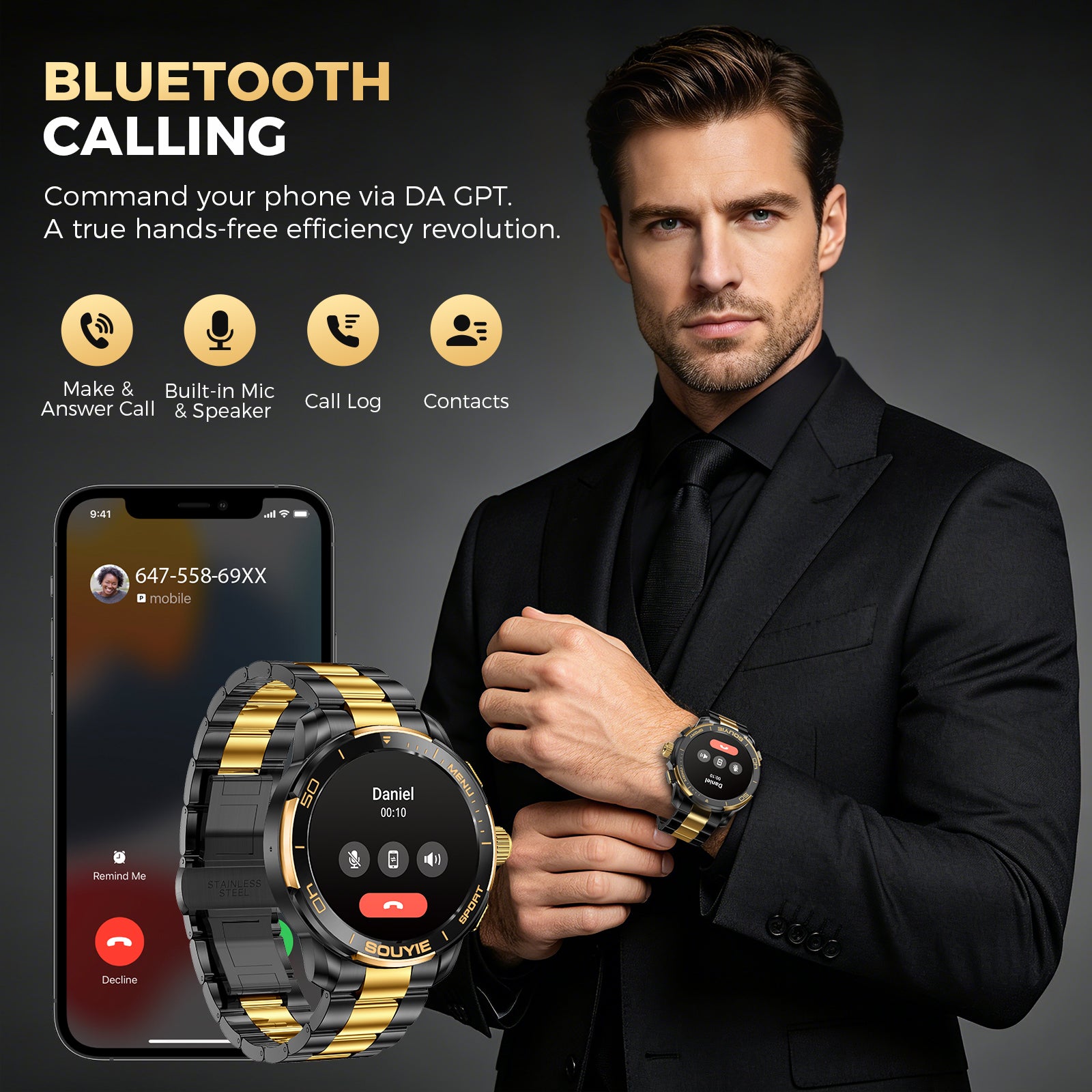 SOUYIE SW-7 Lux Smart Watch for Men, High-Gloss Ceramic Bezel & Two-Tone Steel, 1.43" AMOLED Display, AI GPT Voice Assistant, Bluetooth Calls, Health Monitor, 100+ Sports Modes, Compatible iOS Android