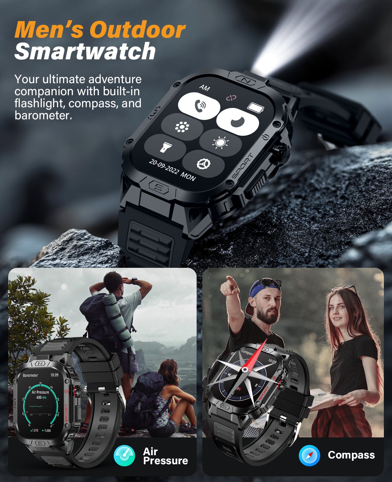H69 Military Grade Smart Watch for Men LED Flashlight, Heart Rate Oxygen Blood Sleep Monitor, 500mAh Large Capacity Battery, Waterproof Rugged Fitness Tracker Compatible with Android and iOS Phone