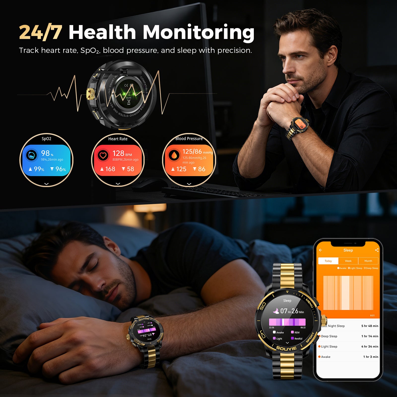 SOUYIE SW-7 Lux Smart Watch for Men, High-Gloss Ceramic Bezel & Two-Tone Steel, 1.43" AMOLED Display, AI GPT Voice Assistant, Bluetooth Calls, Health Monitor, 100+ Sports Modes, Compatible iOS Android