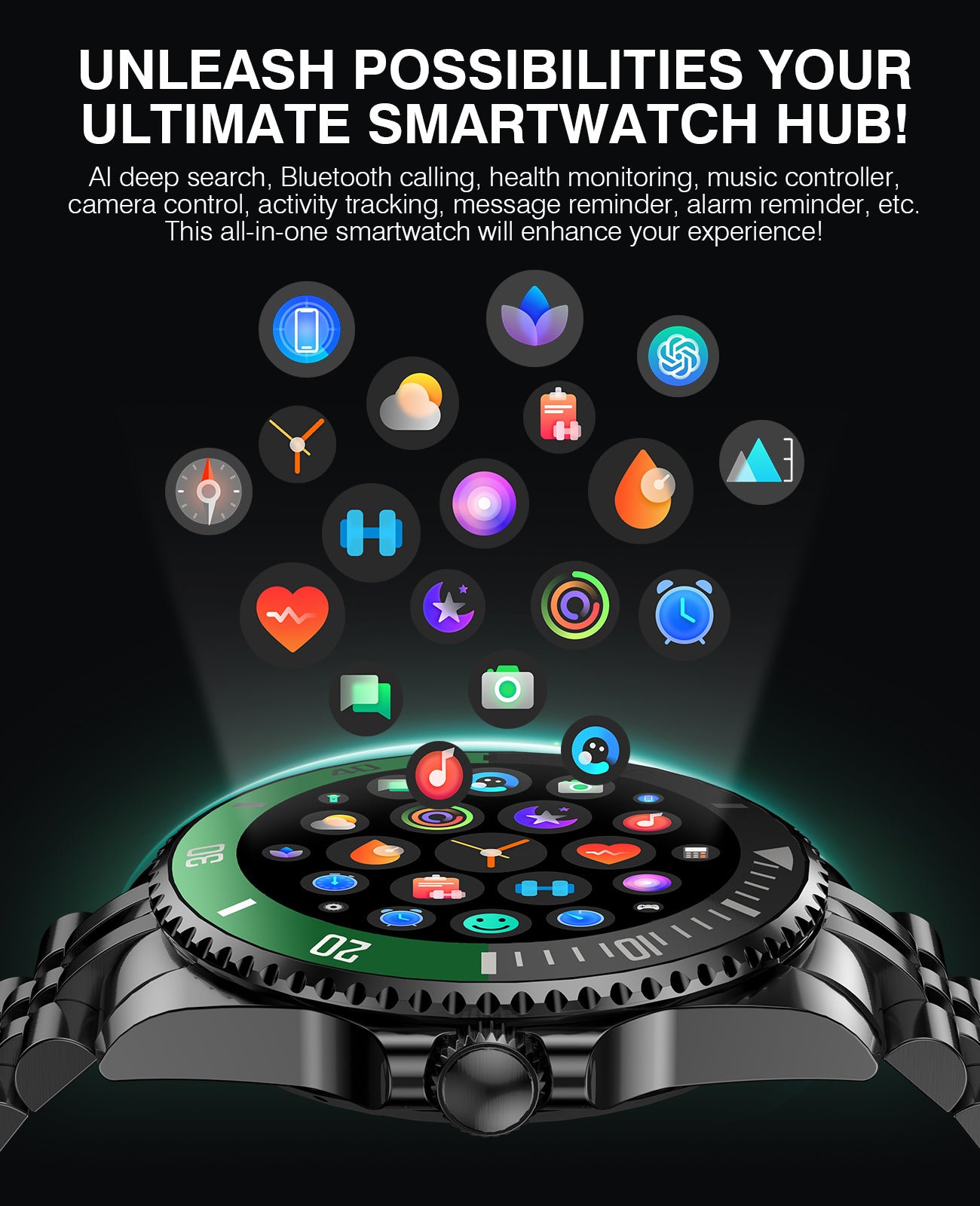 H66 2025 DA GPT Smart Watch for Men, Heart Rate, Blood Pressure, Blood Oxygen, Sleep Monitor, 107 Sports Modes, 1.19-inch AMOLED Display, Waterproof Round Watch, Compatible Android and iOS
