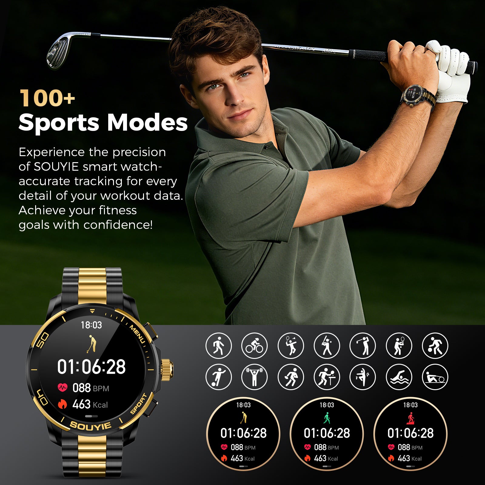 SOUYIE SW-7 Lux Smart Watch for Men, High-Gloss Ceramic Bezel & Two-Tone Steel, 1.43" AMOLED Display, AI GPT Voice Assistant, Bluetooth Calls, Health Monitor, 100+ Sports Modes, Compatible iOS Android