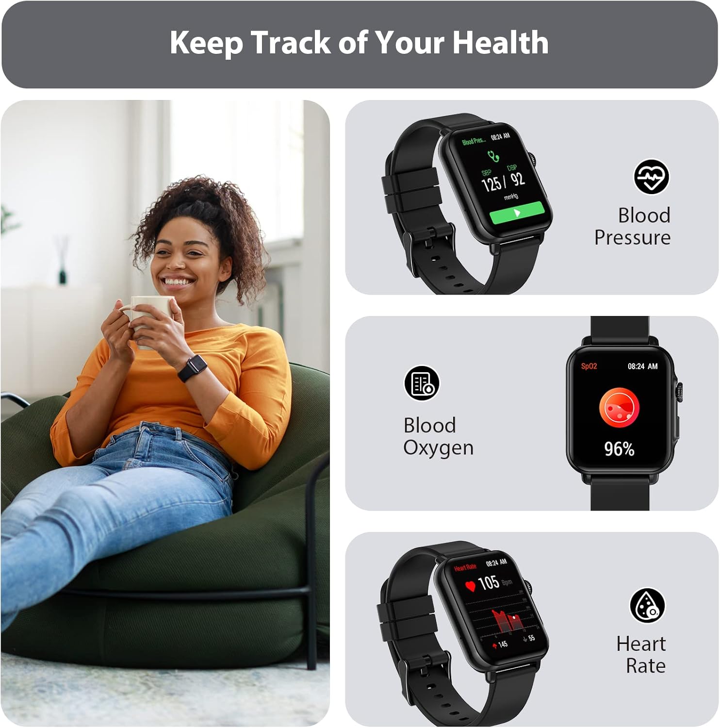 F13B Smart Watch for Men and Women, Blood Pressure Blood Oxygen Heart Rate Sleep Monitor, IP68 Waterproof Fitness Tracker