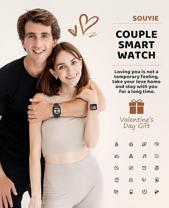 T56 Valentines Couple Smart Watch for Men Women, Fitness Tracker with Bluetooth Call , IP68 Waterproof 100+ Sports Smartwatch