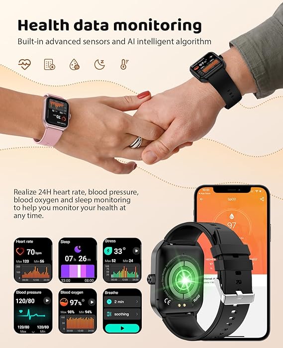 T56 Valentines Couple Smart Watch for Men Women, Fitness Tracker with Bluetooth Call , IP68 Waterproof 100+ Sports Smartwatch