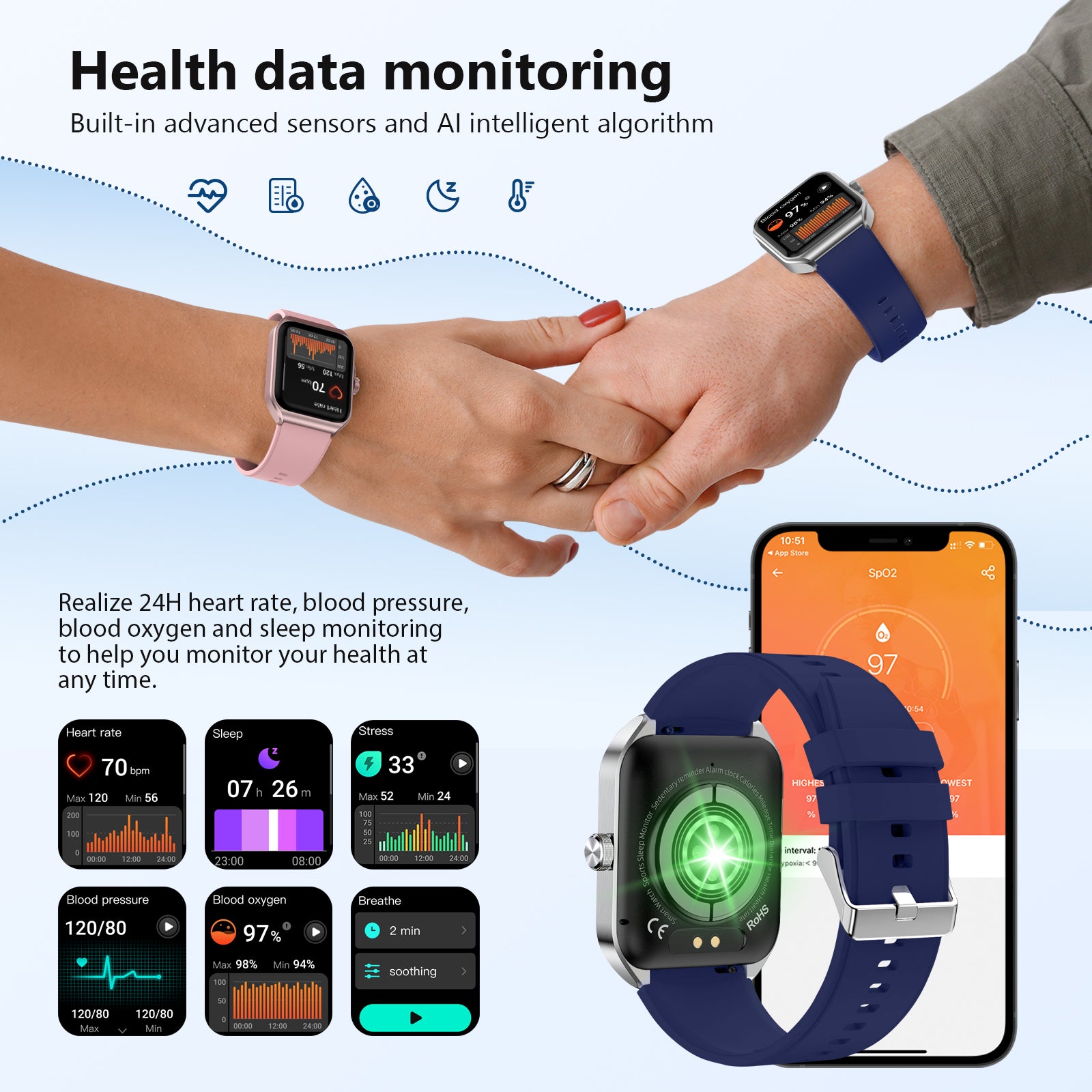 T56 Smart Watch for Men, 100+ Sports, Blood Pressure, Heart Rate, Sleep Monitor, IP68 Waterproof Fitness Tracker