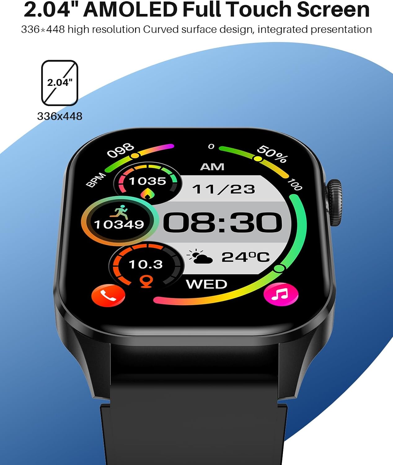 T98 Smart Watch for Men Women, Infrared True Blood Oxygen Monitor, 2.04-inch AMOLED Display, Heart Rate Blood Pressure Sleep Monitor