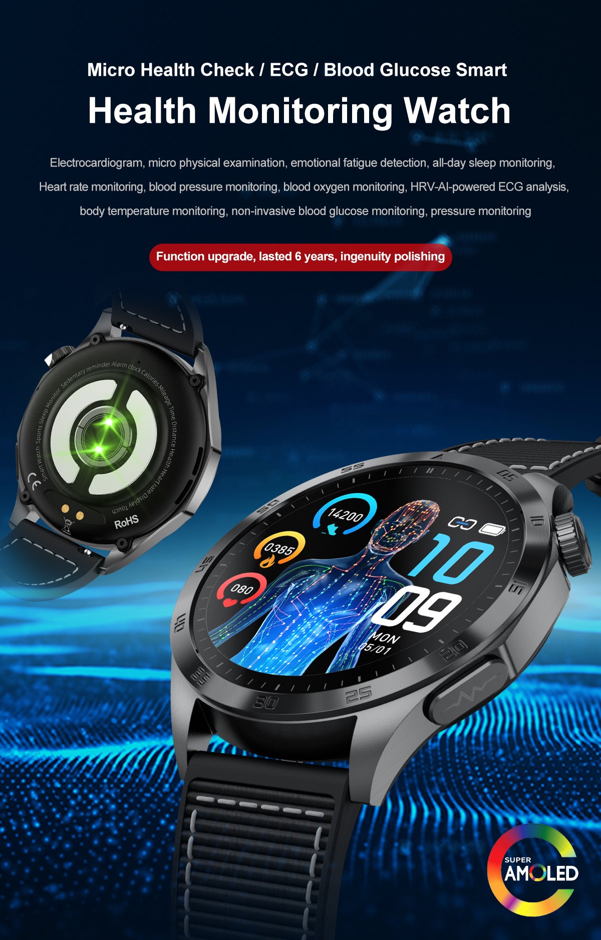ET485 1.43 Inch Full Touch Screen Smart Watch，SOS,Bluetooth Call, ECG, Non-Invasive Blood Sugar Heart Rate Measurement Sports Watches