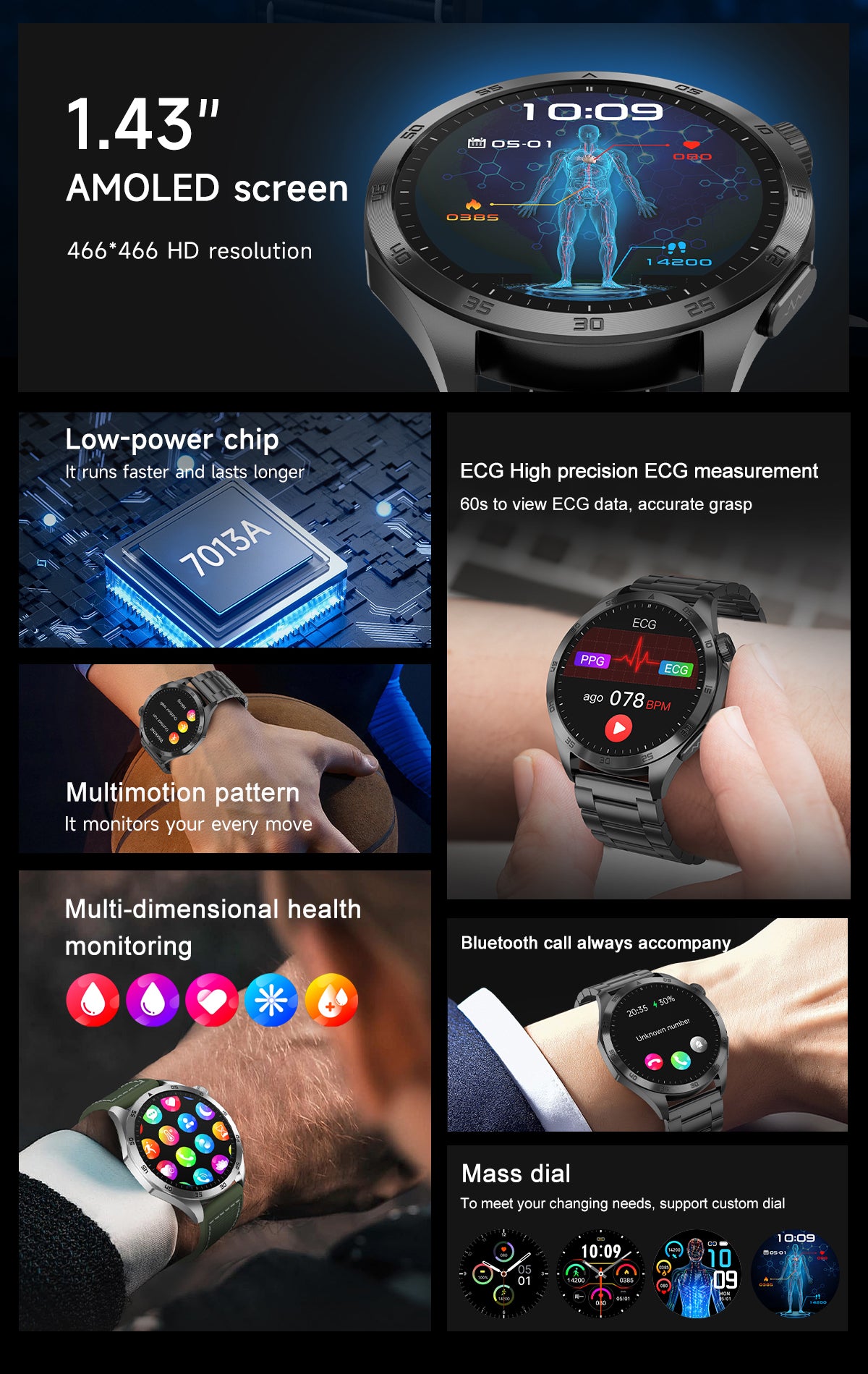 ET485 1.43 Inch Full Touch Screen Smart Watch，SOS,Bluetooth Call, ECG, Non-Invasive Blood Sugar Heart Rate Measurement Sports Watches